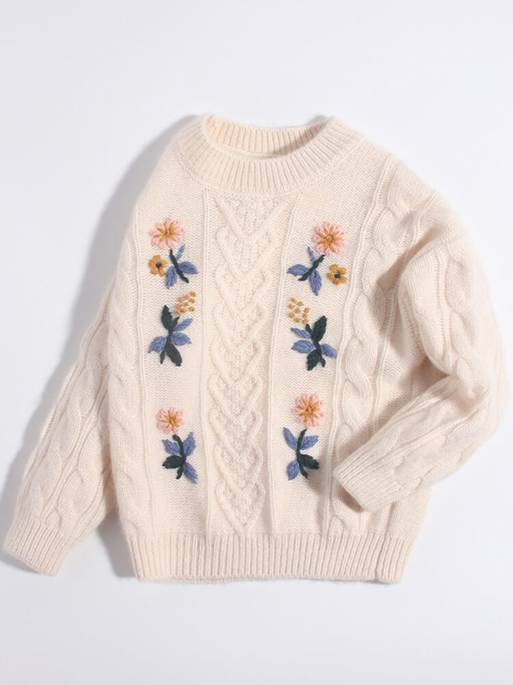 Kids Ivory Floral Embroidered Cable Knit Cashmere Sweater